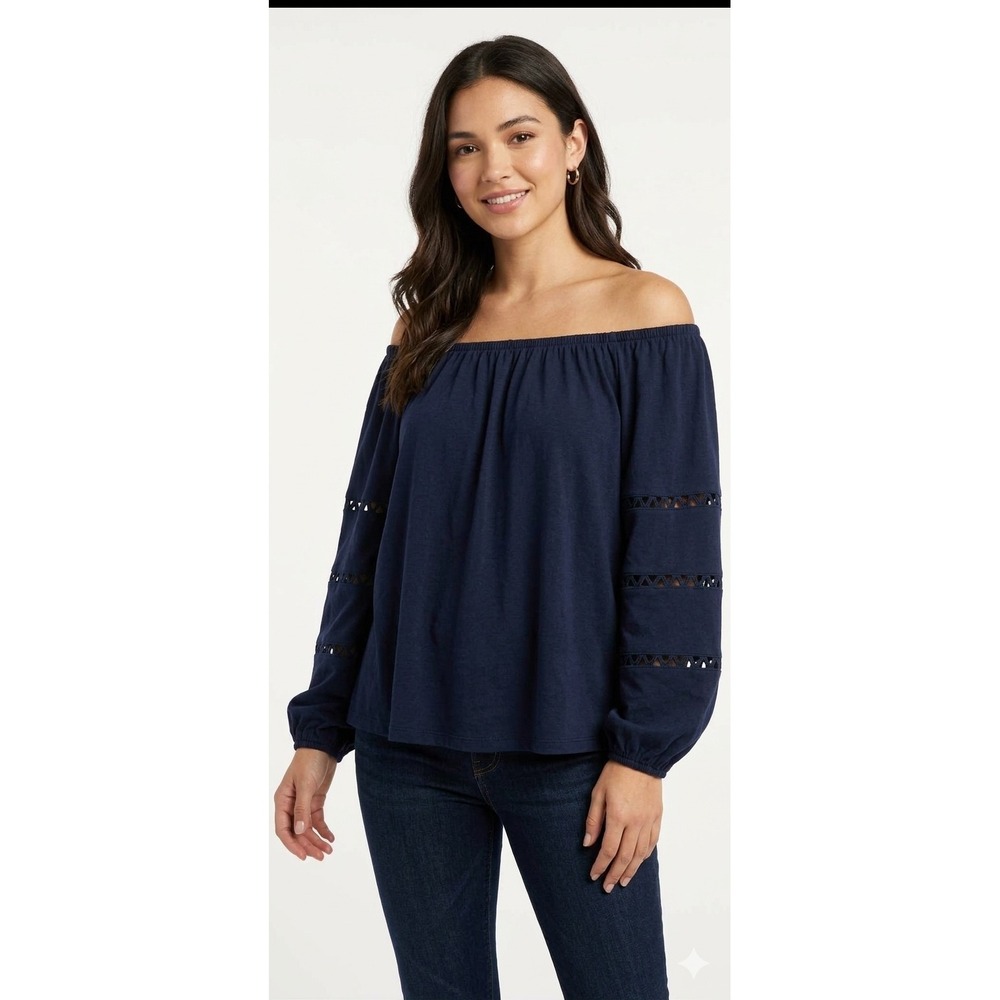 Lilly Pulitzer Navy Blue Off The Shoulder Lattice Cutout Sleeve Knit Top Small